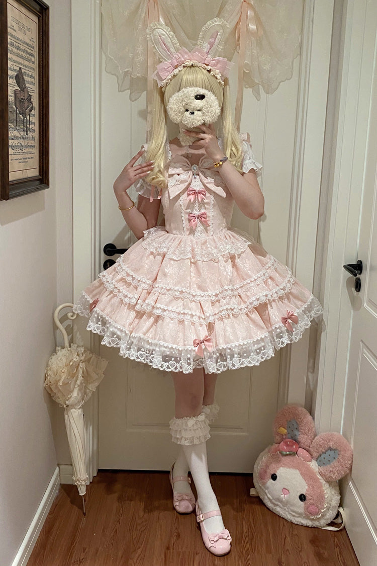 Rose Mist Cherry Multi-Layer Bow Lace Lolita Jumper - Sweet Mist Cherry Romance