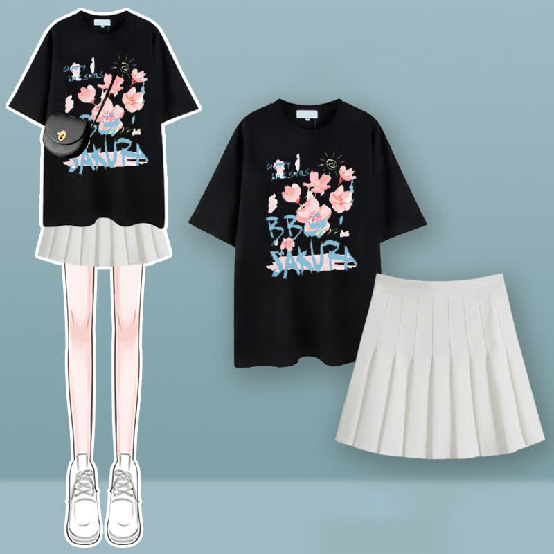 Tulip Cherry Blossom Print T-Shirt Pleated Skirt Set