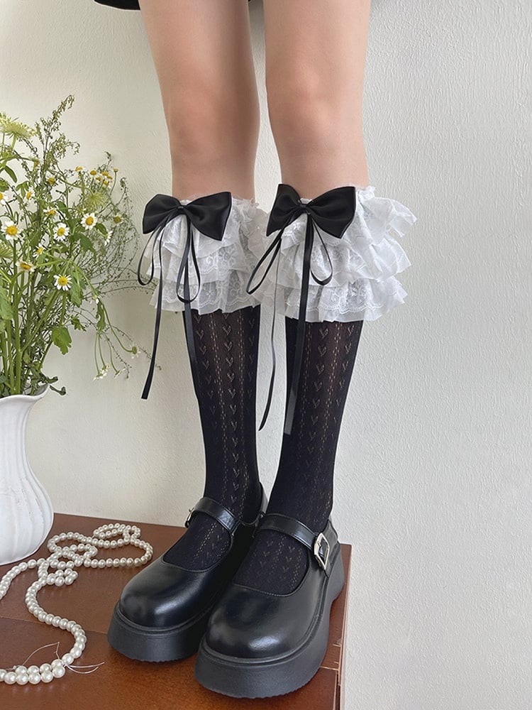 Heart Trims Print White/Black Underknee Stockings Lace Ruffle Bowknot