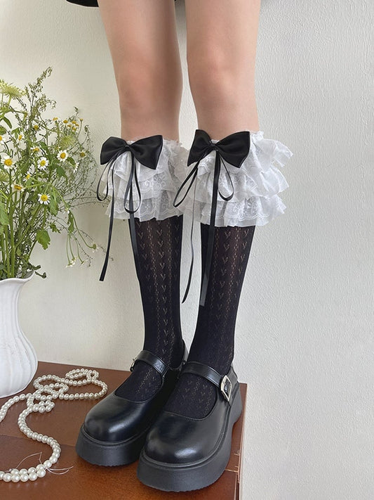 Heart Trims Print White/Black Underknee Stockings Lace Ruffle Bowknot