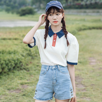 Colorblock Lapel T-Shirt Belted Denim Shorts