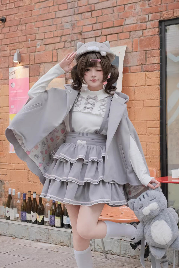 Grey Gloomy Cat Series Sleeveless Triple-Layered Ruffled Sweet Suspender Cake Strap Dress