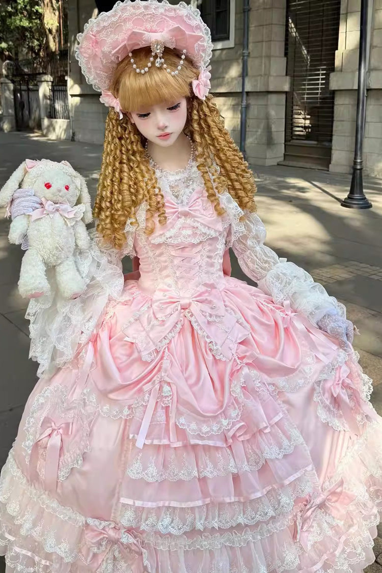 Pink Ode of the Curtain Multi-Layered Ruffled Hanayome Open-Front Bow Lace Lace-Up Sweet Long Jsk Dress