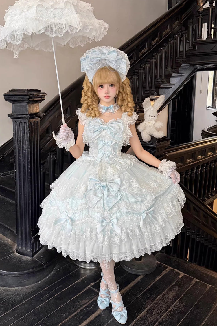 Blue Ruffled Hanayome Bow Lace Sweet Princess Lolita Jsk Dress - Sakura Dream Romance