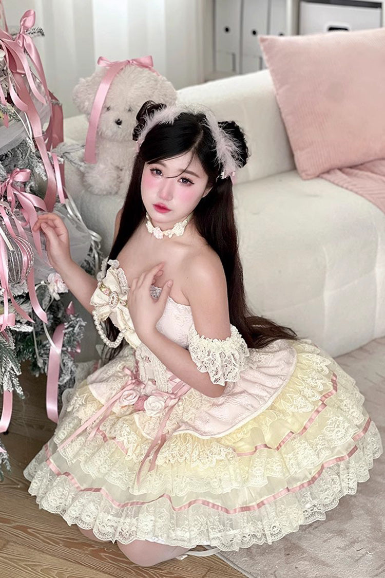 Rose Petal Triple-Tier Bow Lace Gorgeous Lolita Skirt - Sweet Tea Rose Dew
