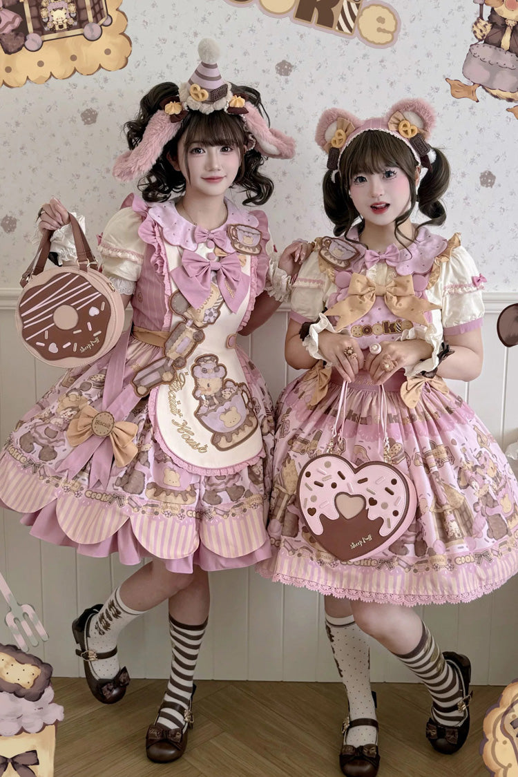 Teddy Bear Cookie Dessert Print Dress with Bow & Ruffles