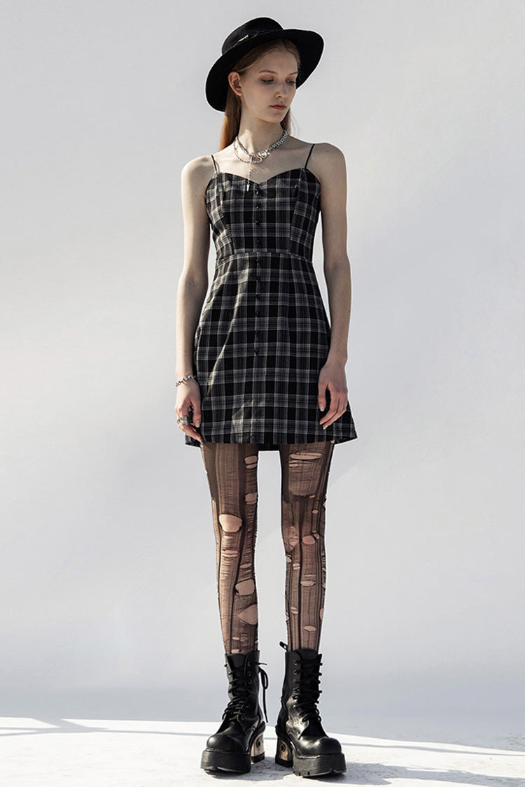 Monochrome Punk Suspender Dress with Plaid and Skull Studded Belt
