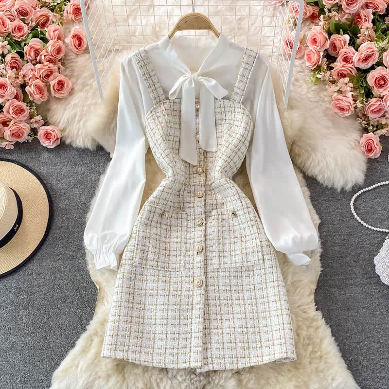 Elegant Plaid Slip Dress Lace Up Shirt Set