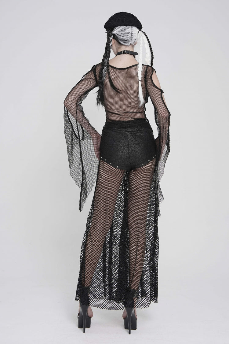 Noir Punk Trousers with Mesh Panels and Metal Studs