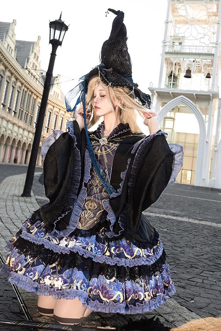 Black Astrology Cat Long Sleeve Double-Layered Lace Gothic Dress