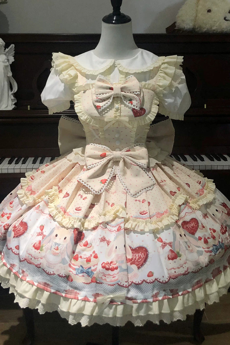 Yellow [Cute Rabbit Party] Sleeveless Double-Layered Printed Ruffled Bow Sweet Lolita Jsk Dress