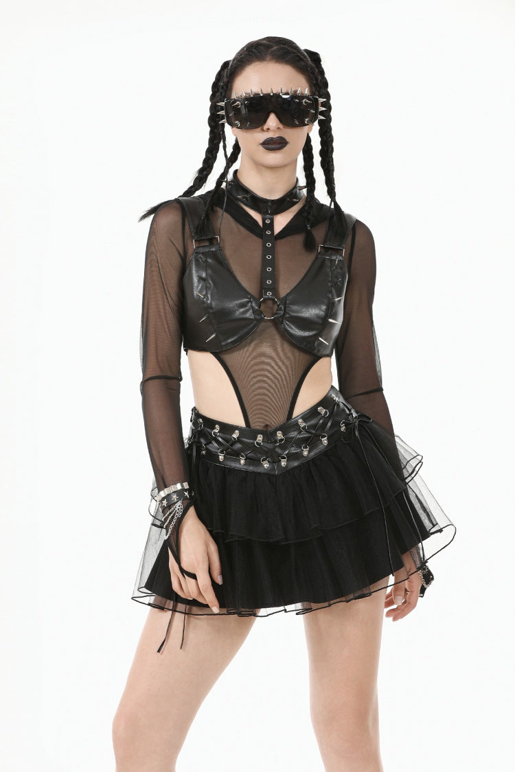 Ebony Studded Faux Leather Punk Corset Crop Top with Adjustable Clasps