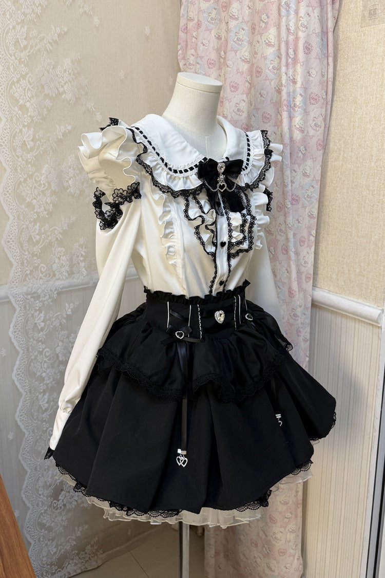 Doll Collar Long Sleeves Ruffled Bow Sweet Jirai Kei Skirt Set