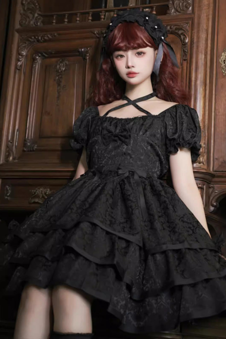Short Sleeves Multi-layer Ruffle Bowknot Gothic Princess Lolita Dress