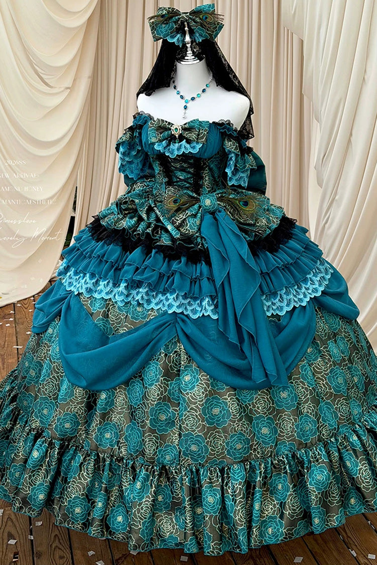 Blue/Green [Peacock Spirit Princess] Sleeveless Multi-Layered Ruffled Bow Lace-Up Classic Elegant Lolita Jsk Dress