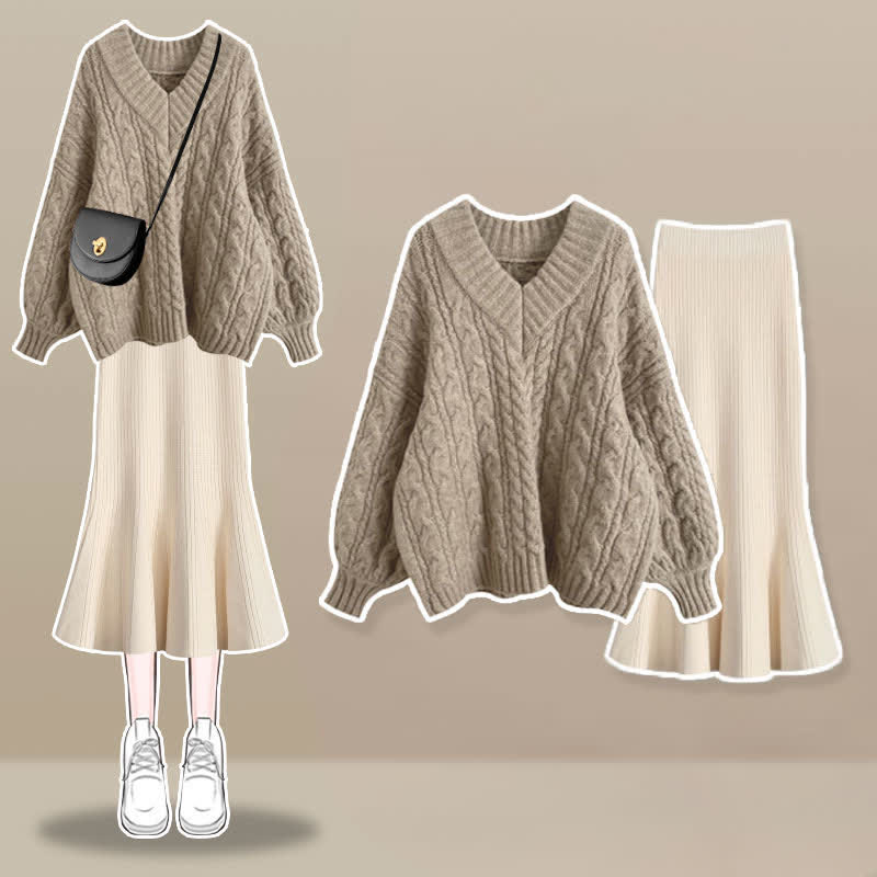 V-neck Cable Sweater Fishtail Skirt Set