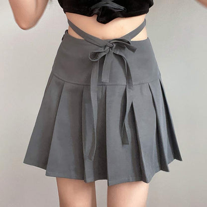 High Waist Lace Up Bow Pleated Skirt