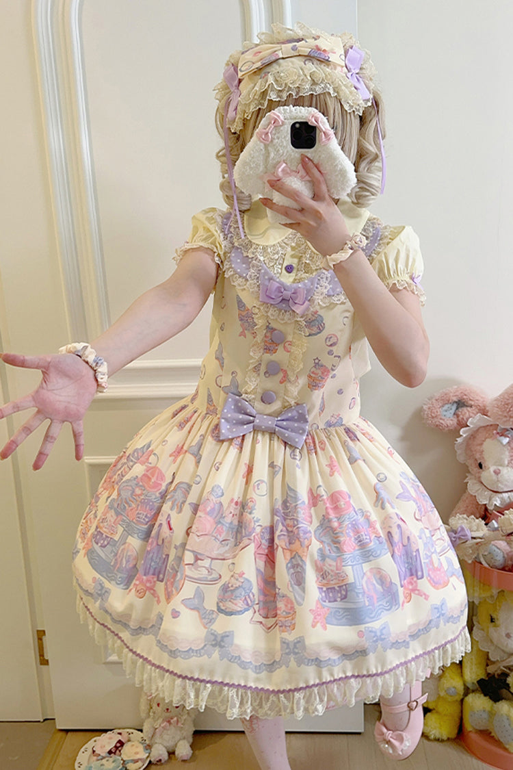 Mermaid Print Bowknot Lace Strap Dress - Light Yellow