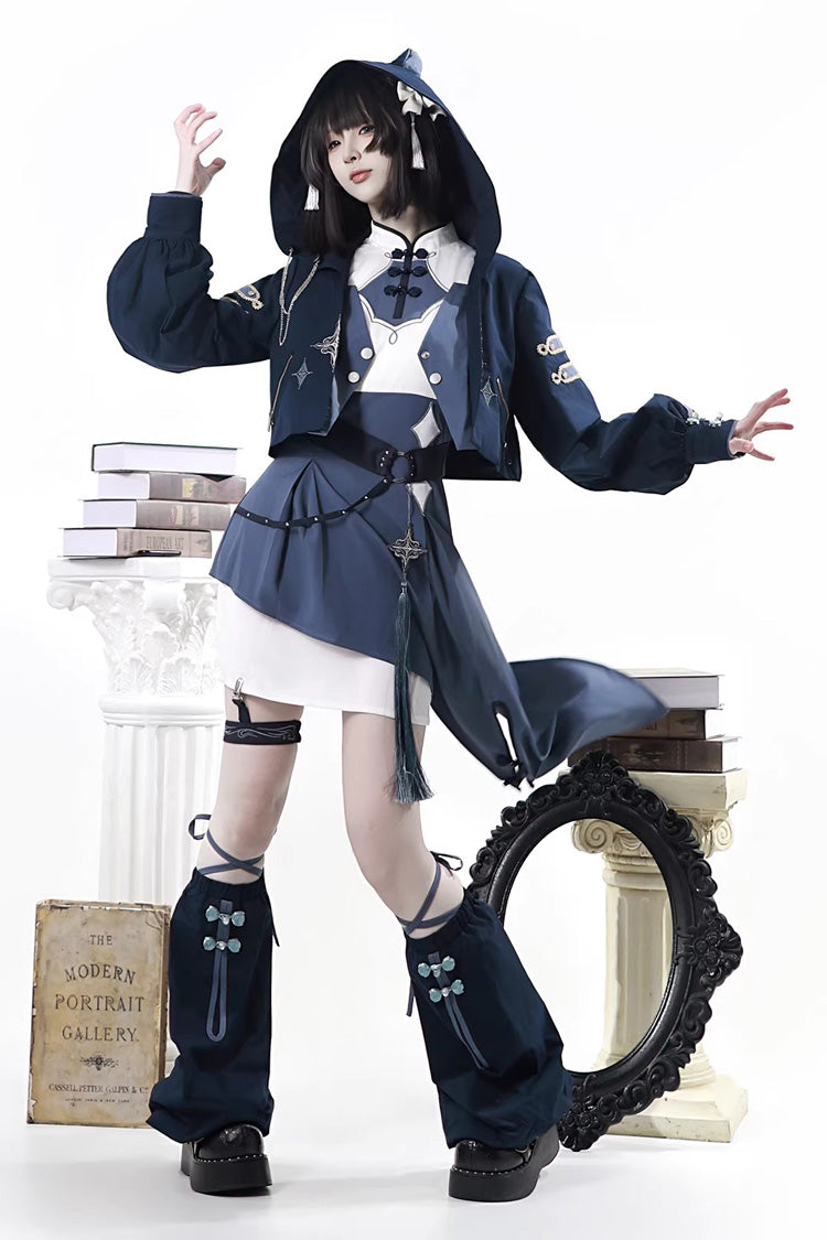 Stand Collar Long Sleeves Embroidered Hooded Asymmetric Punk Ouji Lolita Dress Four-Piece Set - Indigo Shadow Journey