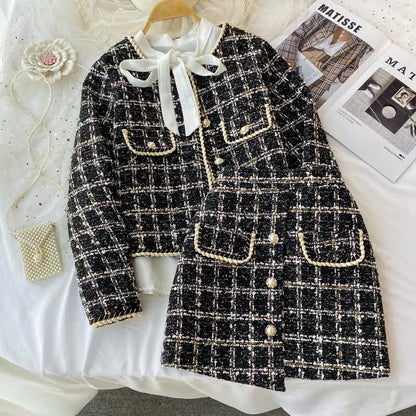 Chic Plaid Print Jacket Shirt High Waist Skirt Set