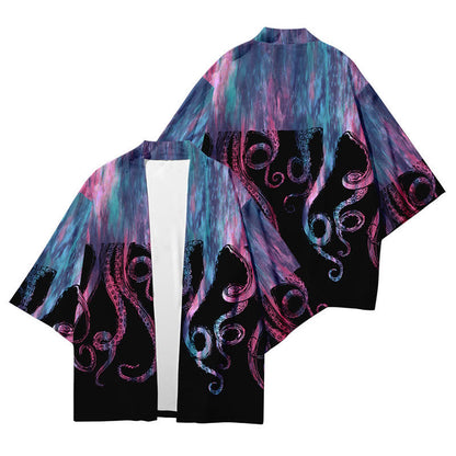 Colorblock Octopus Print Cardigan Kimono Outerwear