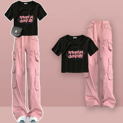 Pink Love Heart Print Crop Top T-Shirt Pink Cargo Pants