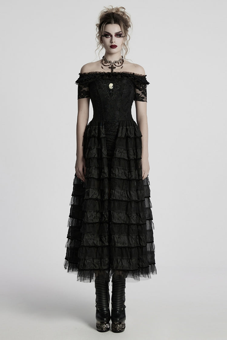 Off-Shoulder Embroidered Punk Dress with Short Sleeves