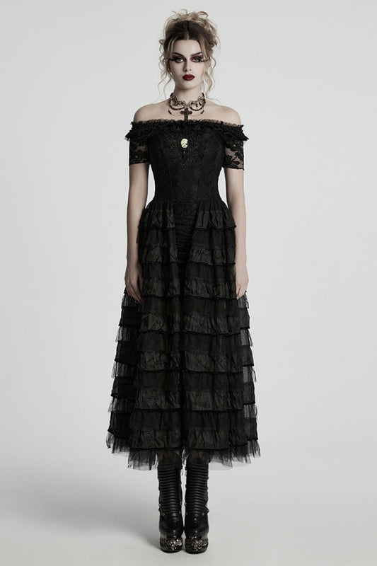 Off-Shoulder Embroidered Punk Dress with Short Sleeves