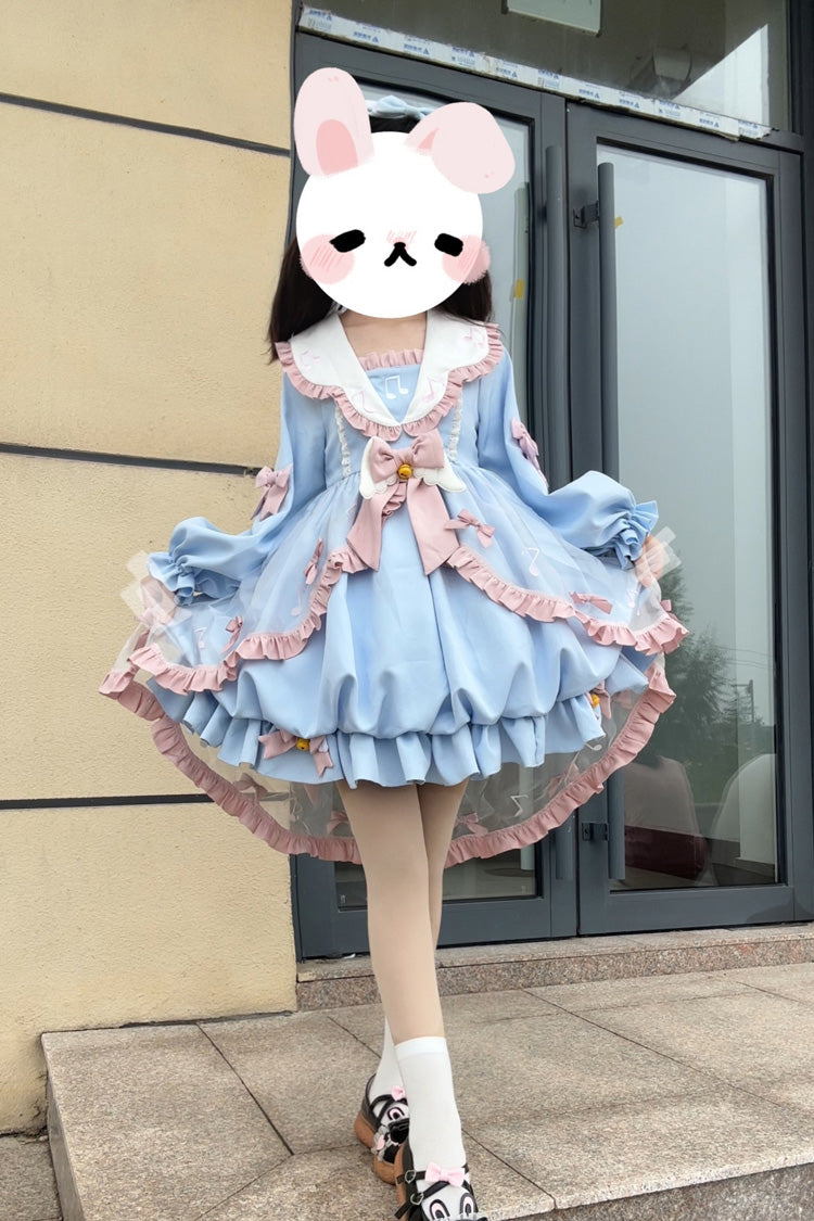 Music Note Print Blue Lace Sweet Lolita Dress with Bow