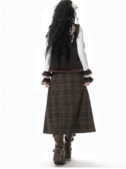 Brown Plaid Rabbit Button Midi Length Skirt