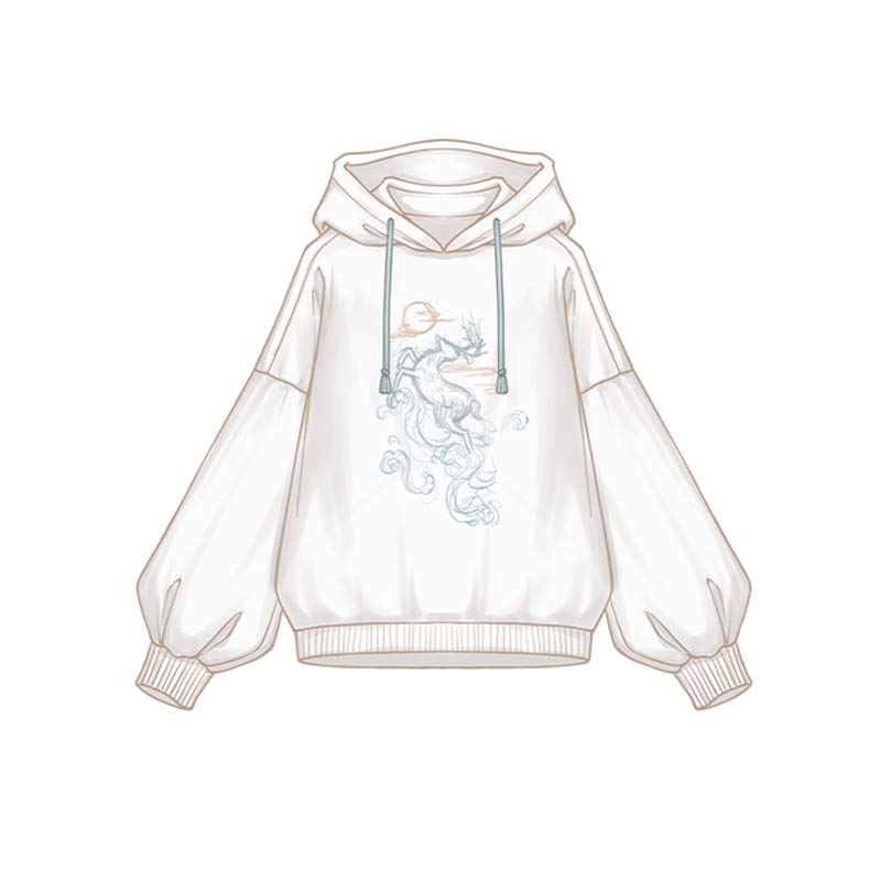 Couple Deer Embroidery Loose Hoodie Dress