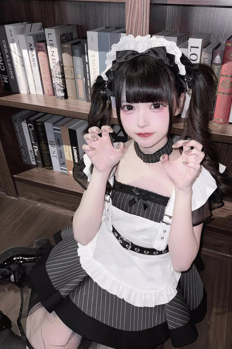 Jirai Kei Dress with Stripe Print, Ruffle, Short Sleeves, Grey/Black