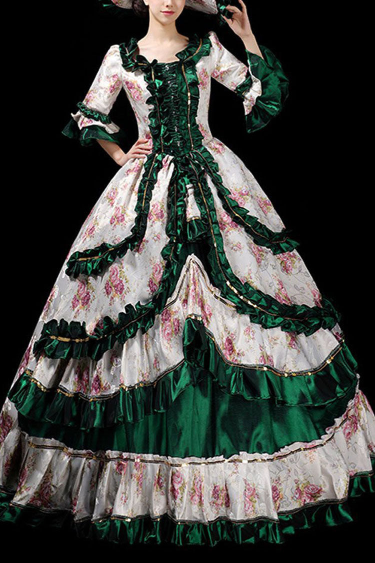 Floral Print Ruffled Multi-Layer Victorian Gown - Half Sleeves