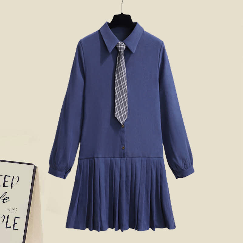 Preppy style Knit Vest Lapel Tie Pleated Shirt Dress Set