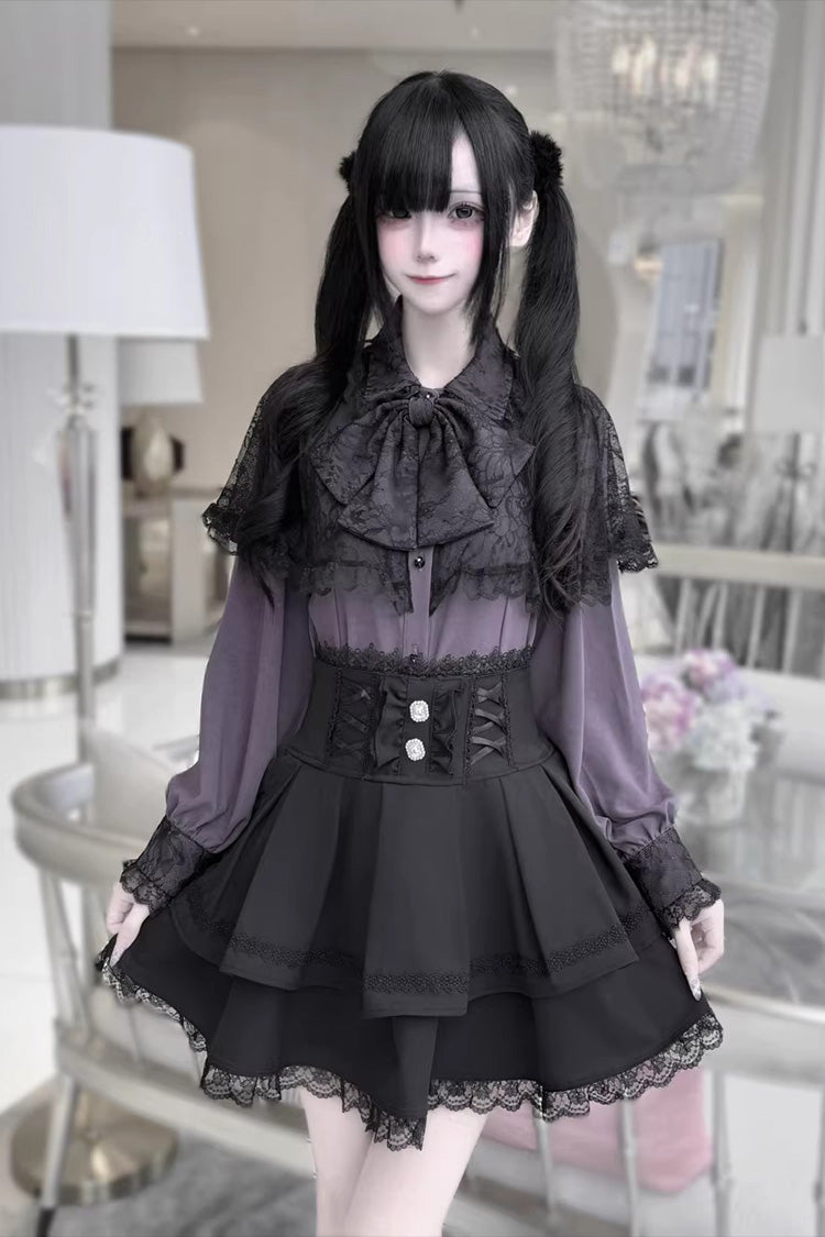 Dark Moon Shadow Double-Layered Ruffled Embroidered Bow Corset Gothic Jirai Kei Top and Skirt Set