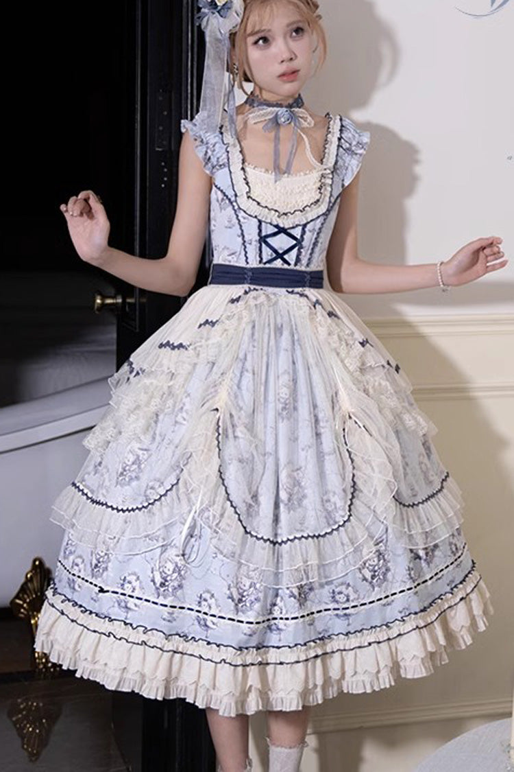 Swing Cat Print Ruffled Bow Lace Sweet Elegant Lolita Jumper Dress