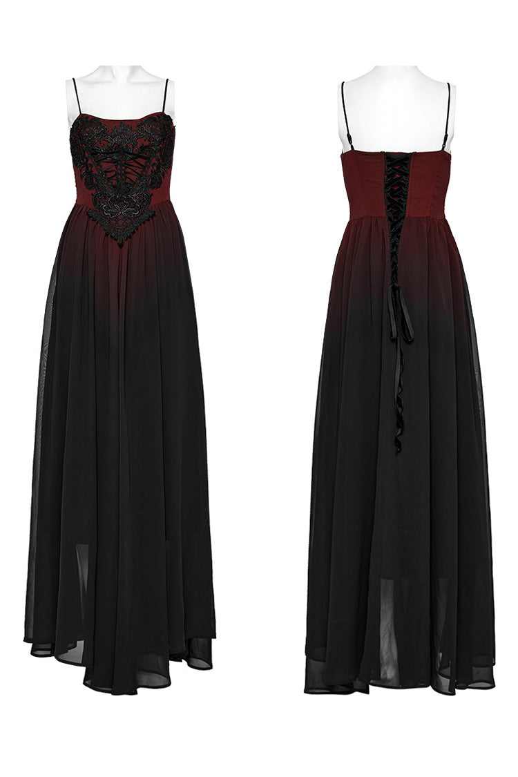 Dark Crimson Floral Embroidered Lace-Up Gothic Slip Dress