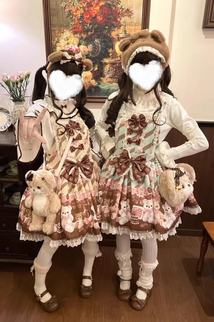 Chocolate Brownie Sleeveless Printed Ruffled Bow Lace Sweet Strap Dress