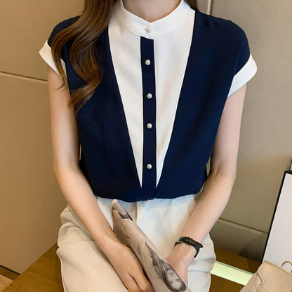 Colorblock Pearl Button Short Sleeve Shirt