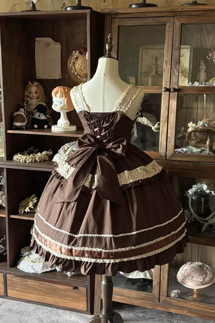 Dark Brown [Panda Gift] Square Collar Sleeveless Ruffled Bow Spliced Asymmetric Sweet Lolita Jsk Dress