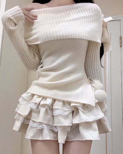 White Knit Shoulder Sweater