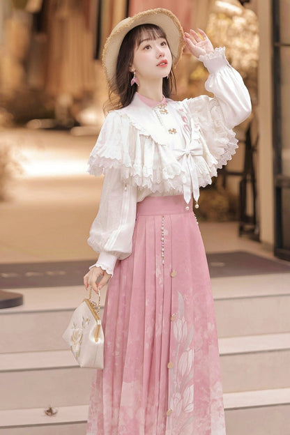 Tulip Pink Sweet Tops+Skirt+Outer Shawl