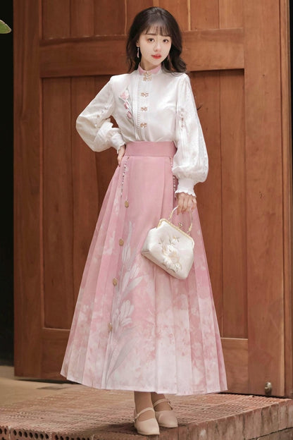 Tulip Pink Sweet Tops+Skirt+Outer Shawl