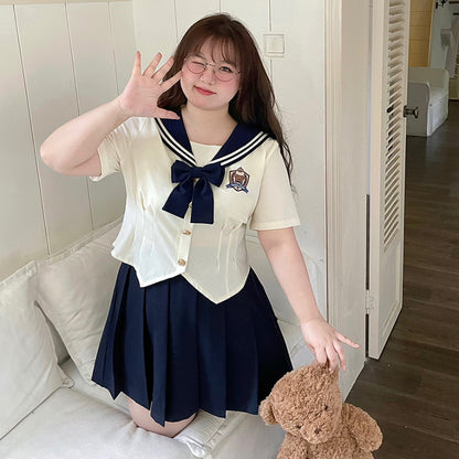 Sweet Plus-size Navy Neck Embroidery Dress Set MK Kawaii Store