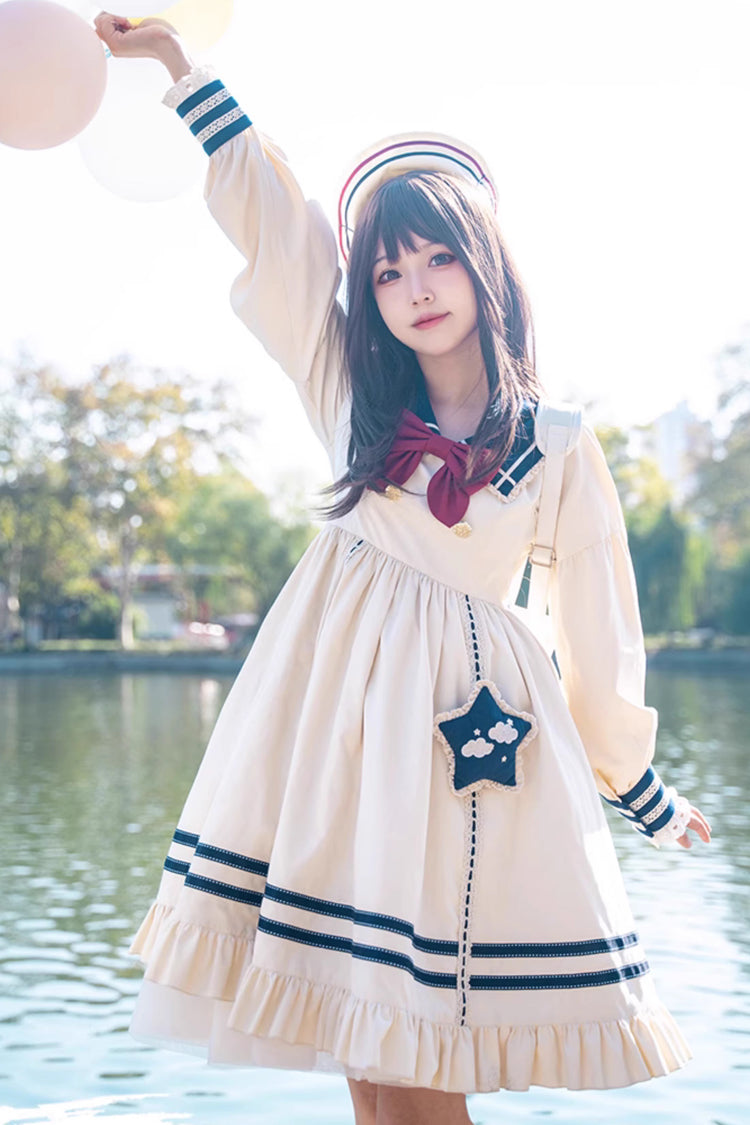 Navy Sweet Lolita Dress with Bowknot Ruffled Long Sleeves