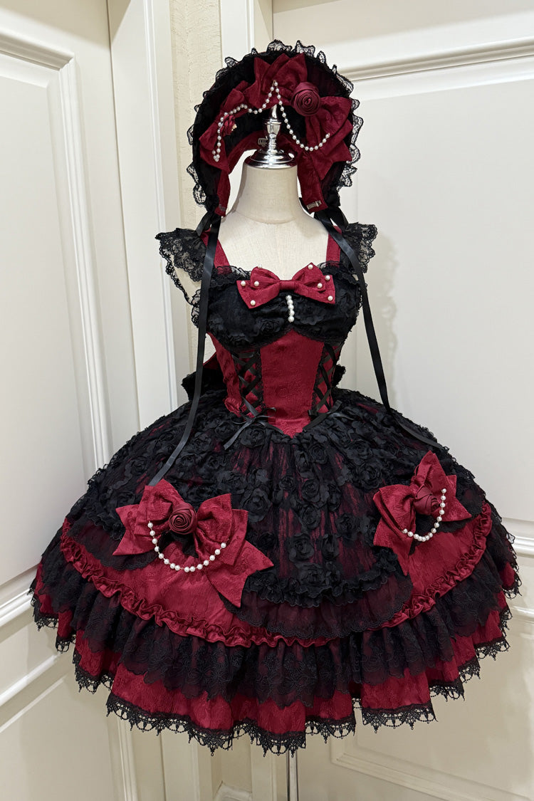 Crimson Ebony Sleeveless Ruffle Bow Lace Corset Gothic Ballet Jumper Dress - Rose Princess