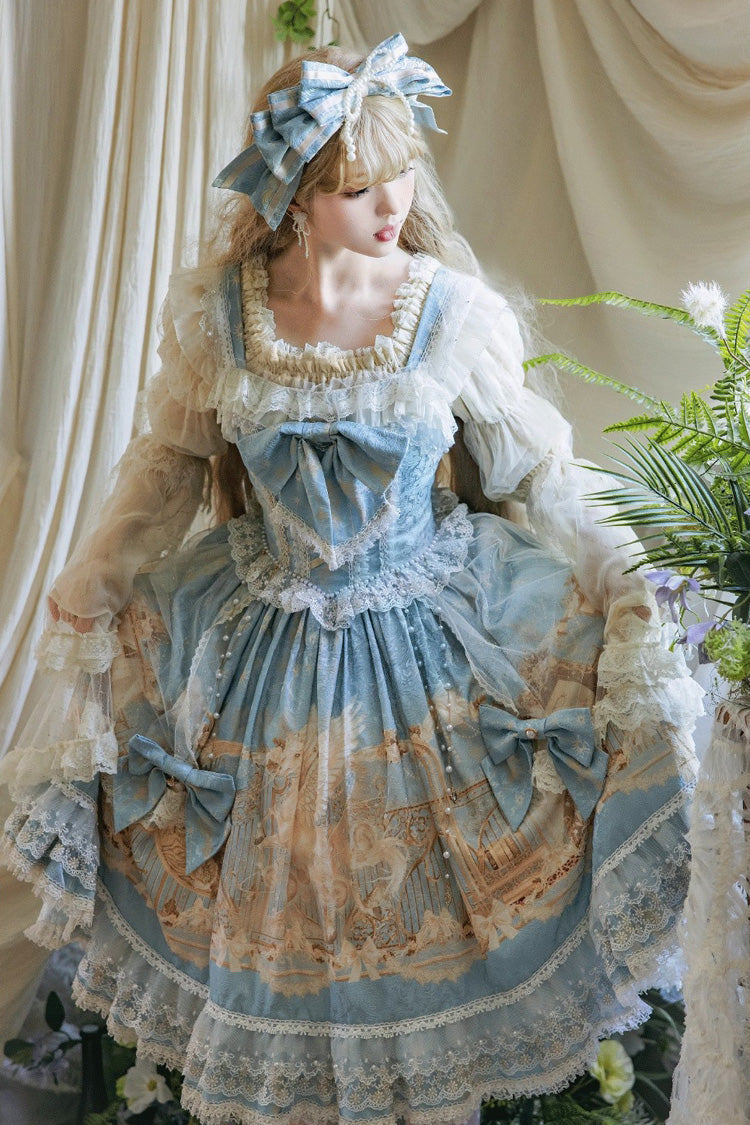 Unicorn Print Sleeveless Multi-Layer Embroidery Bow Lace Sweet Lolita Jumper Gown