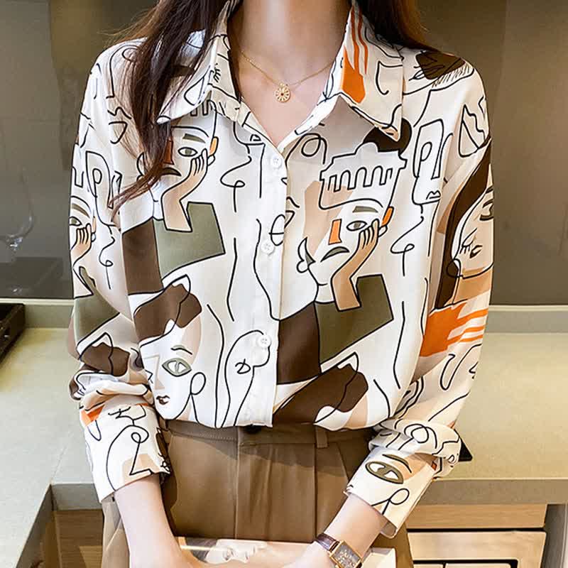 Color Abstract Graffiti Print Chiffon Shirt