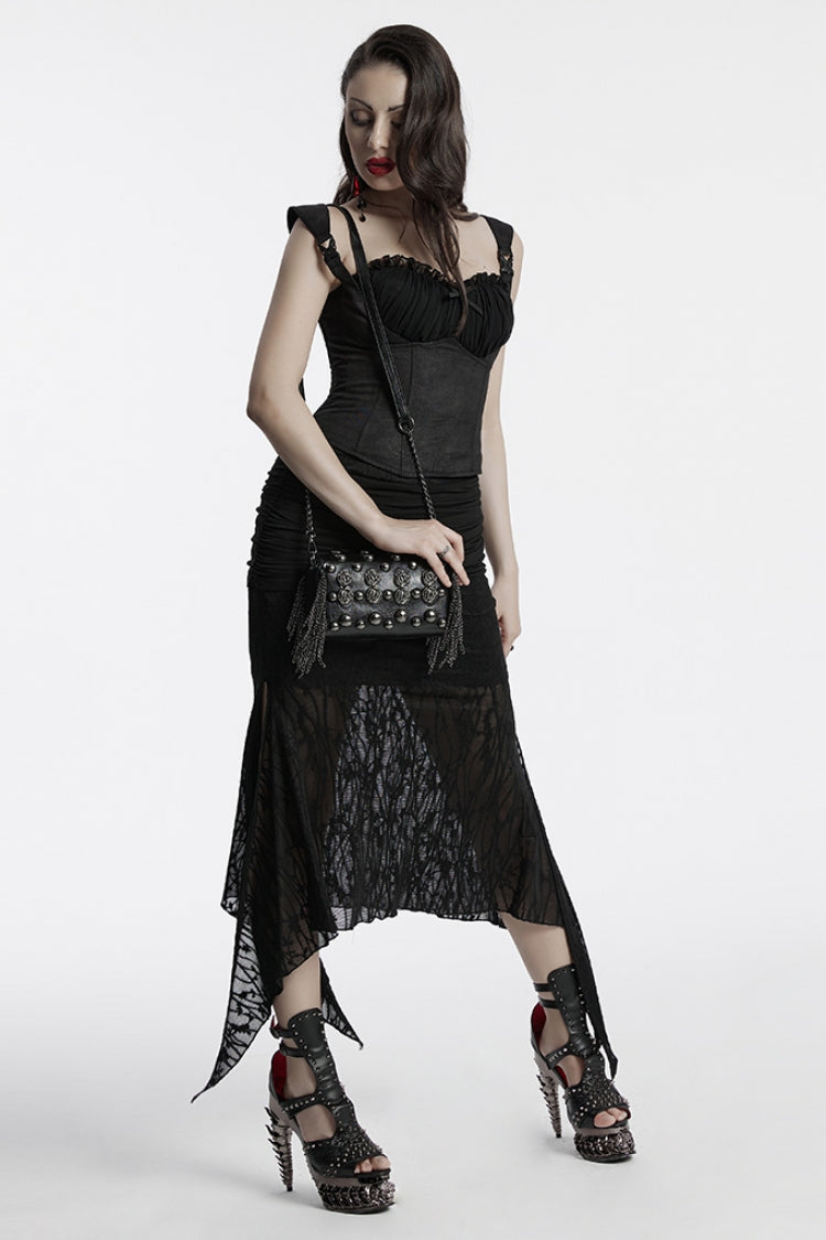 Gothic Faux Leather Clutch with Beaded Rose & Rivet Detail