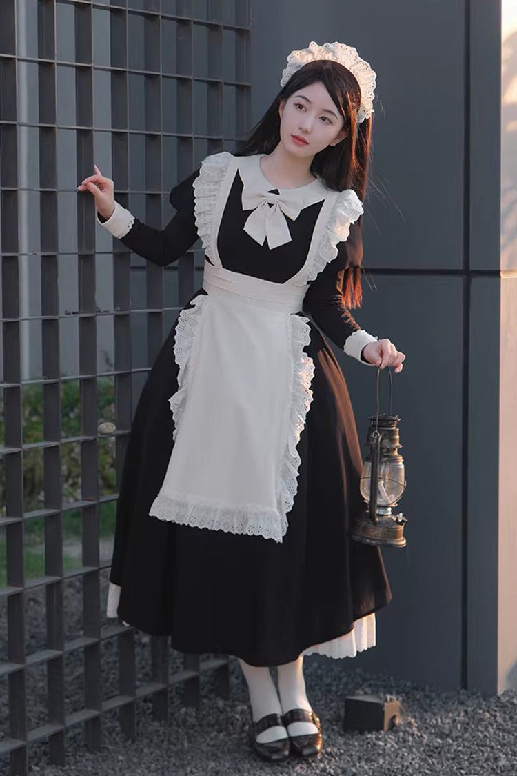 Monochrome Sweet Maid Dress with Ruffled Bow and Round Collar - Two Lengths